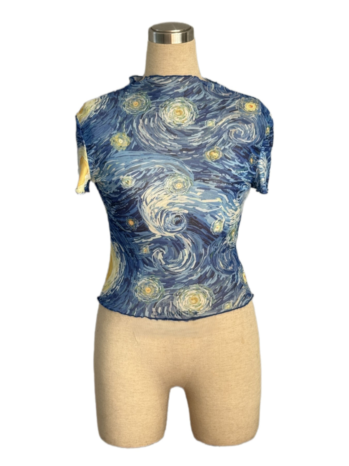 Starry Night Print Mesh Crop Tee - Blue