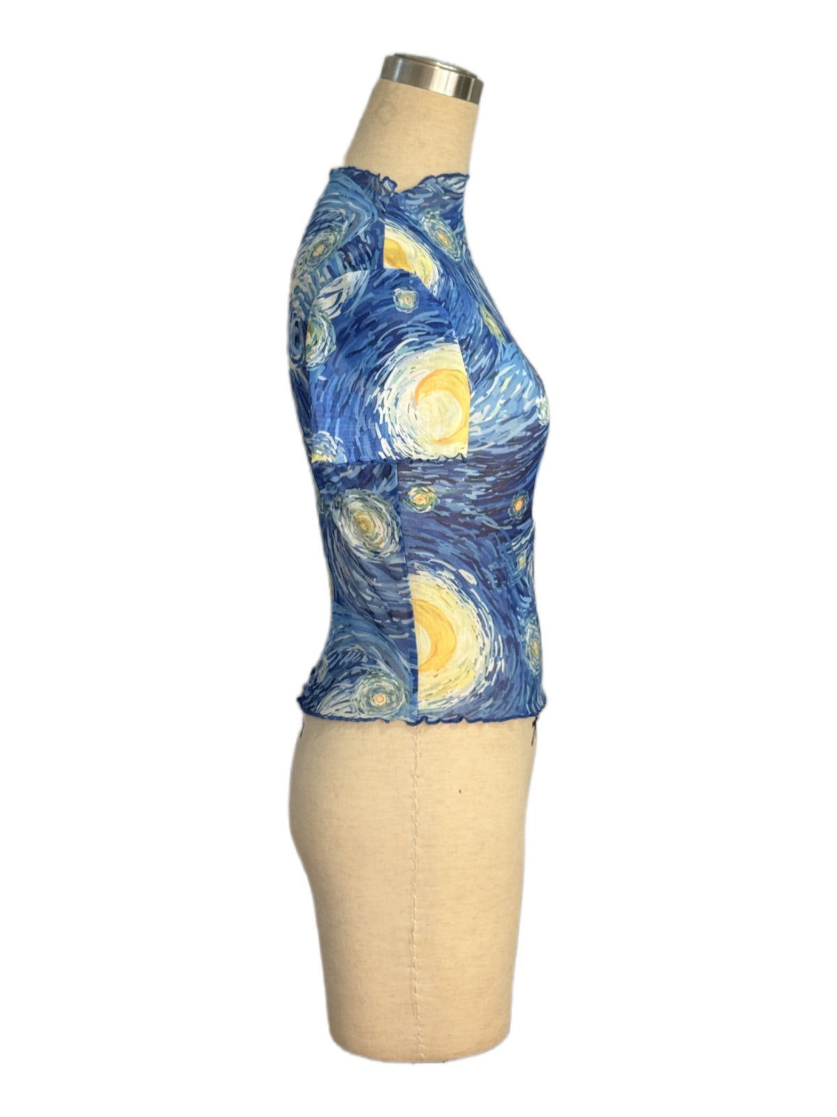 Starry Night Print Mesh Crop Tee - Blue - 1