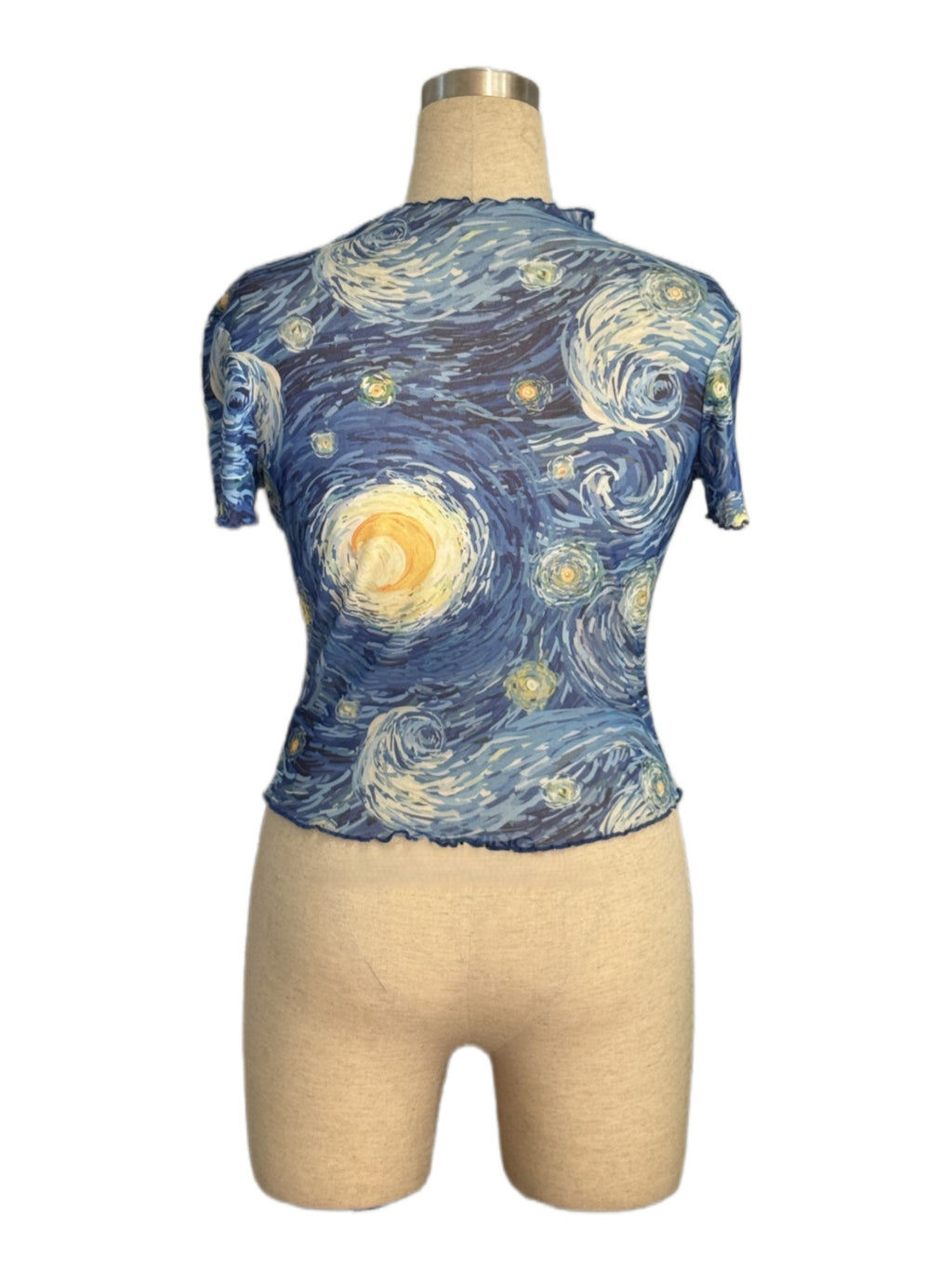 Starry Night Print Mesh Crop Tee - Blue - 2