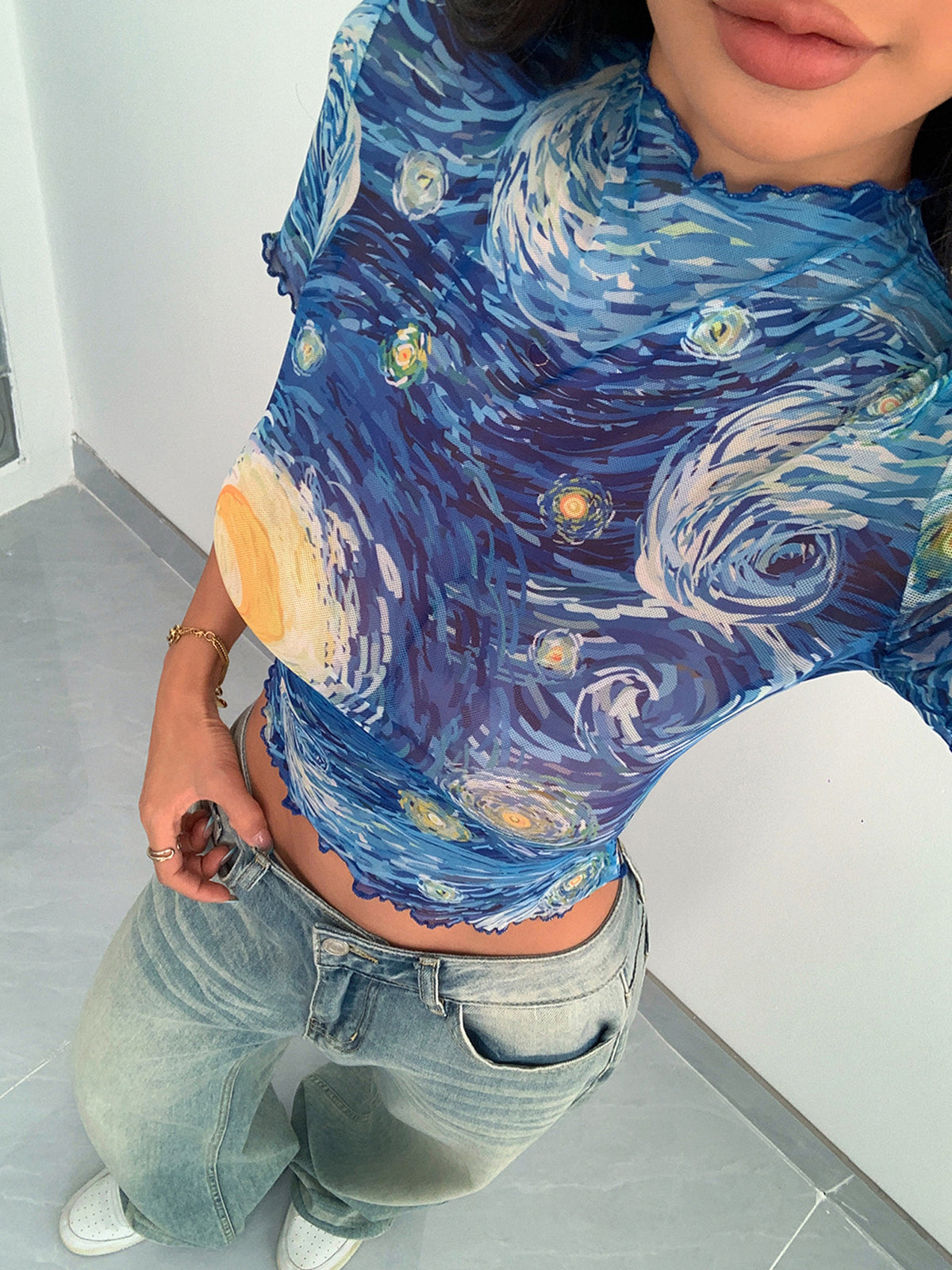 Starry Night Print Mesh Crop Tee - Blue - 3