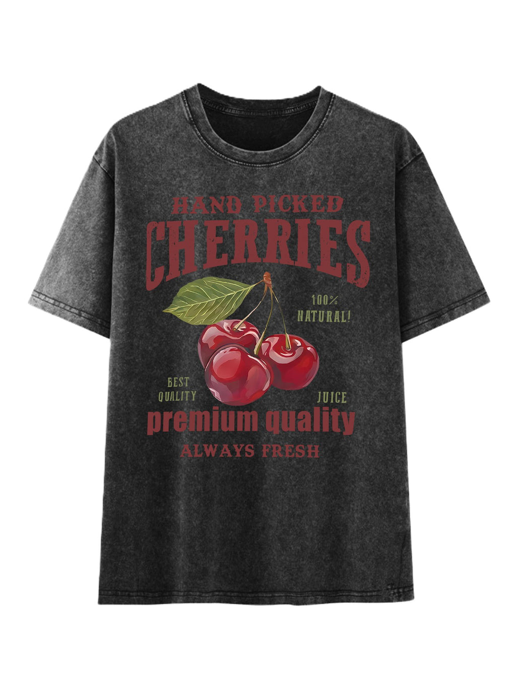 Vintage Cherry Fruit Graphic Washed T-Shirt - Black