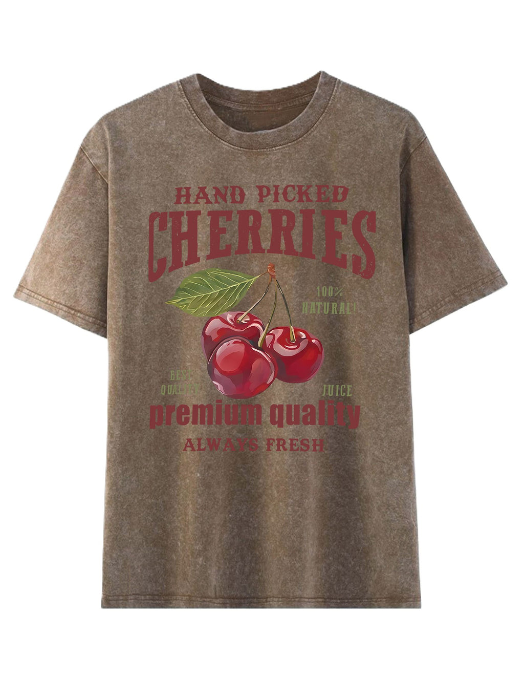 Vintage Cherry Fruit Graphic Washed T-Shirt - Coffee