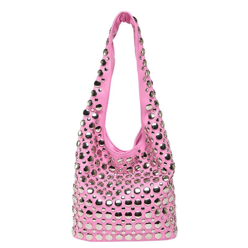 Studded Slouchy Hobo Shoulder Bag - Hot Pink