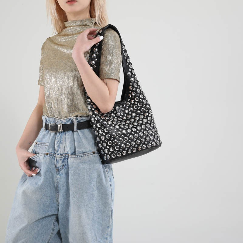 Studded Slouchy Hobo Shoulder Bag