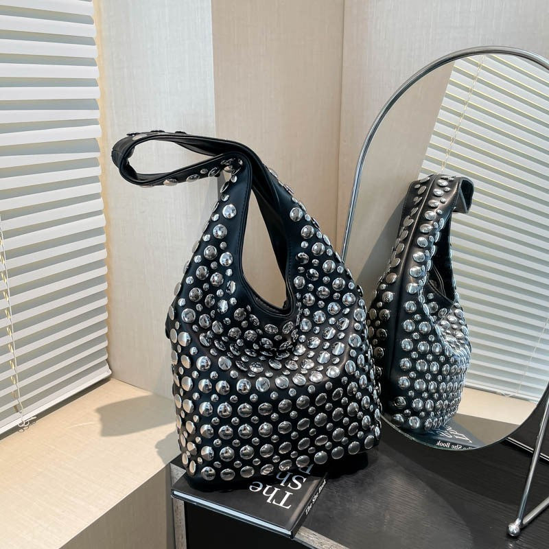Studded Slouchy Hobo Shoulder Bag