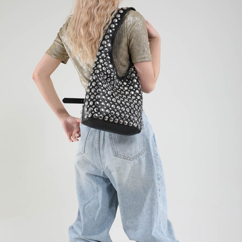Studded Slouchy Hobo Shoulder Bag