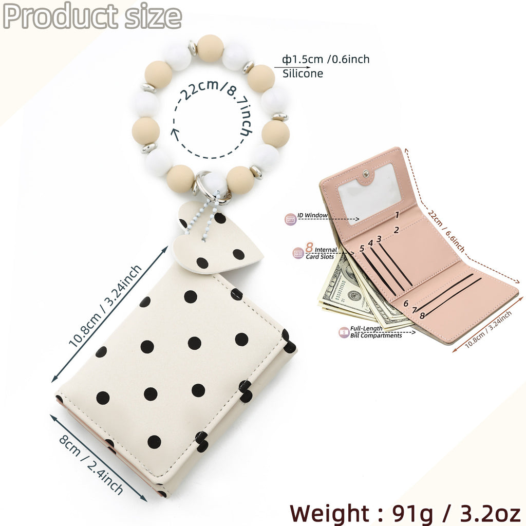 Dotted Mini Trifold Wallet with Beaded Wristlet - Beige