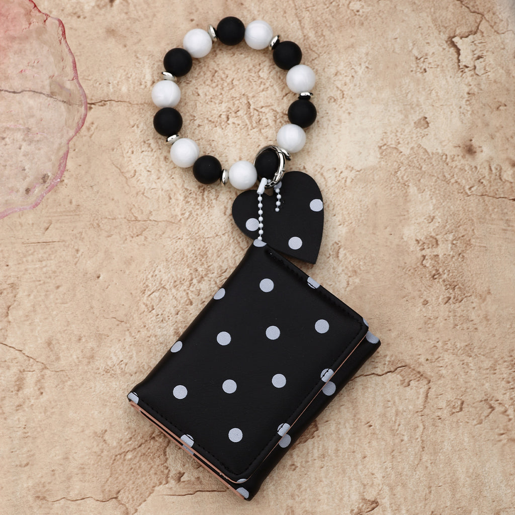 Dotted Mini Trifold Wallet with Beaded Wristlet - Black