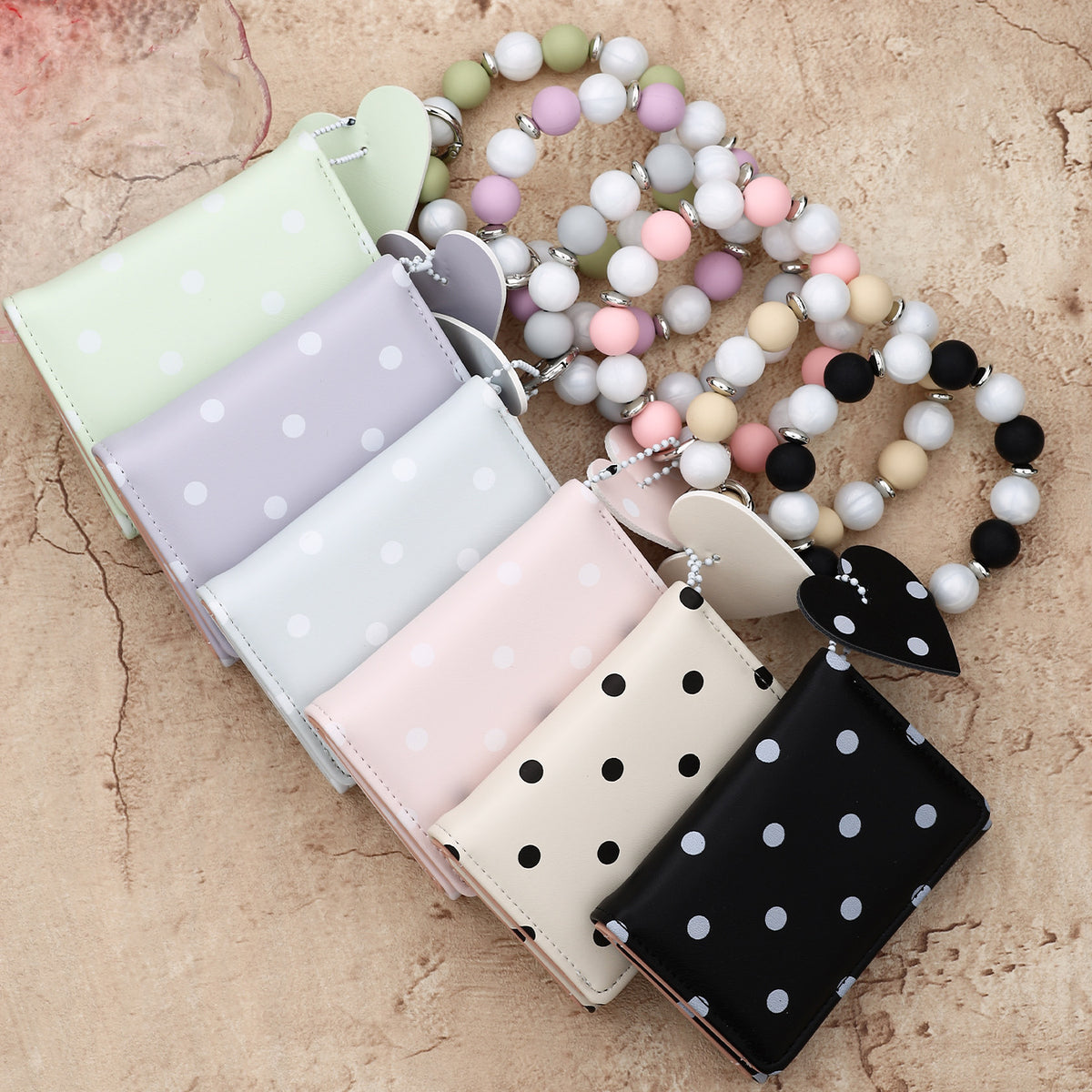 Dotted Mini Trifold Wallet with Beaded Wristlet - Black - 1