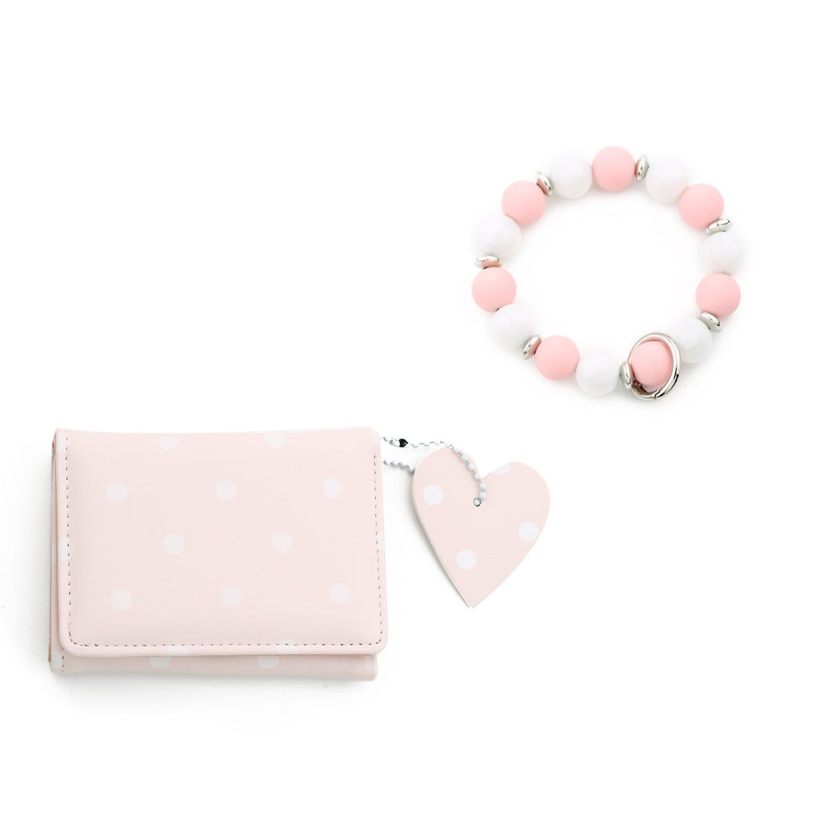 Dotted Mini Trifold Wallet with Beaded Wristlet - Pink