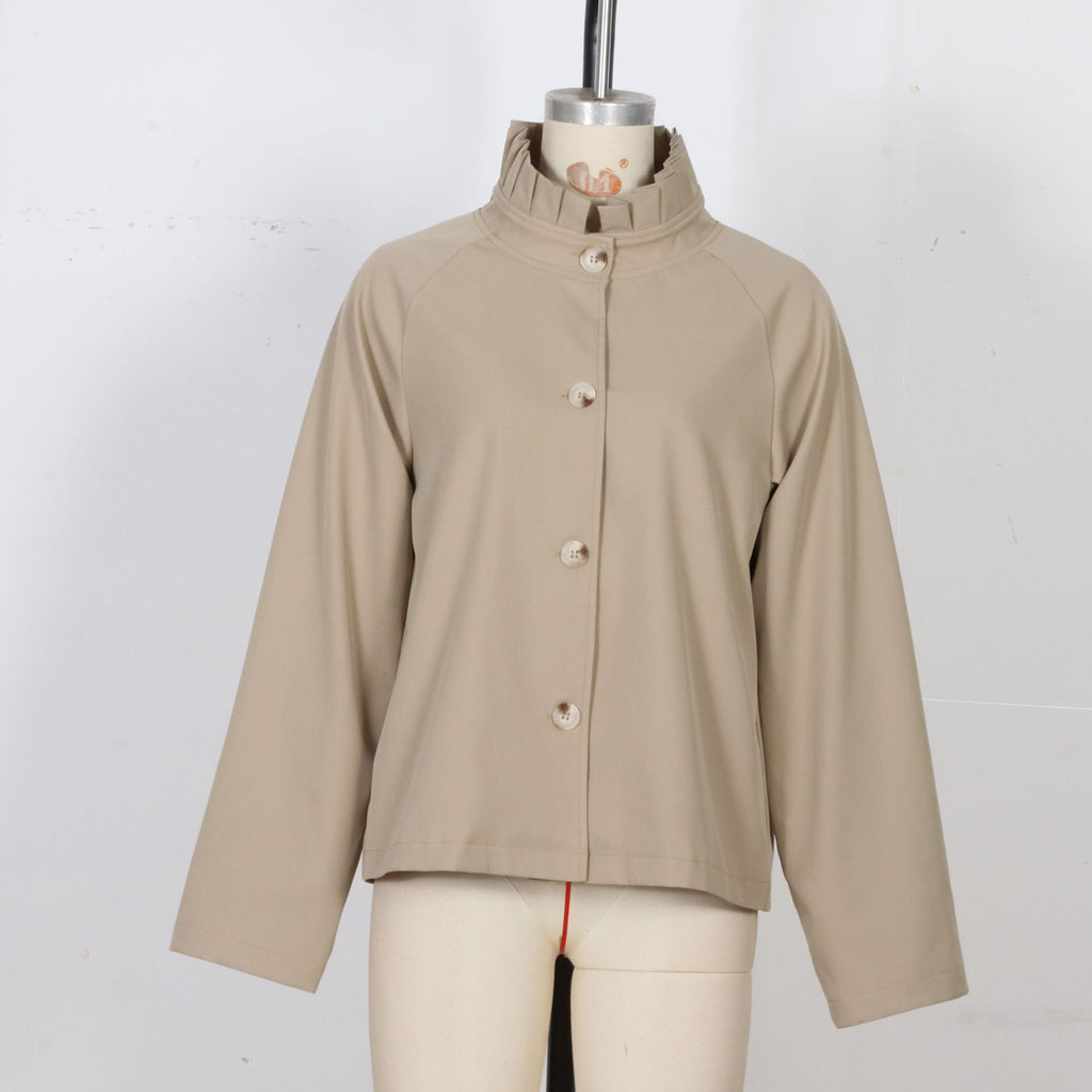 Ruffle Collar Button Front Jacket With Gingham Cuffs - Khaki - 2