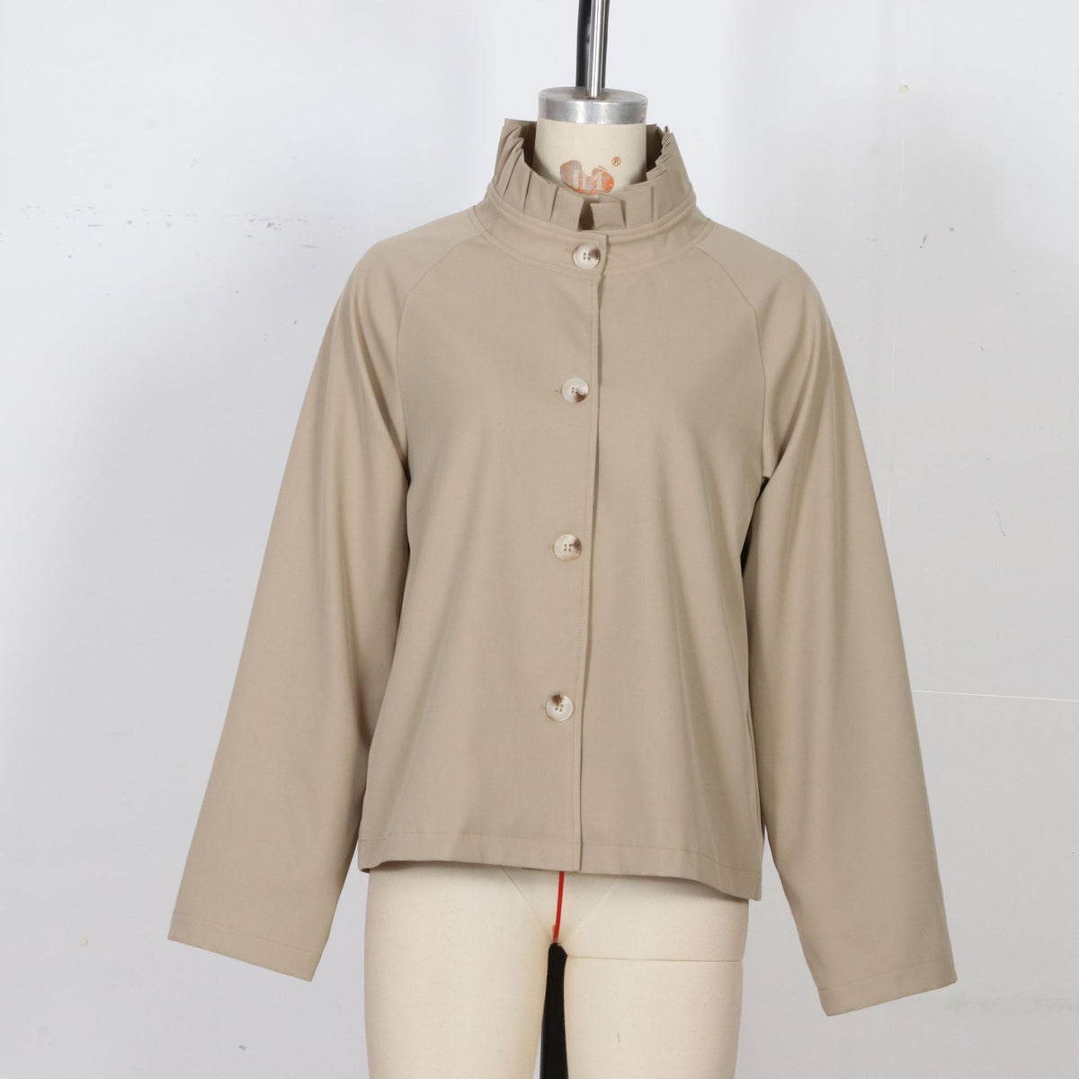 Ruffle Collar Button Front Jacket With Gingham Cuffs - Khaki - 2