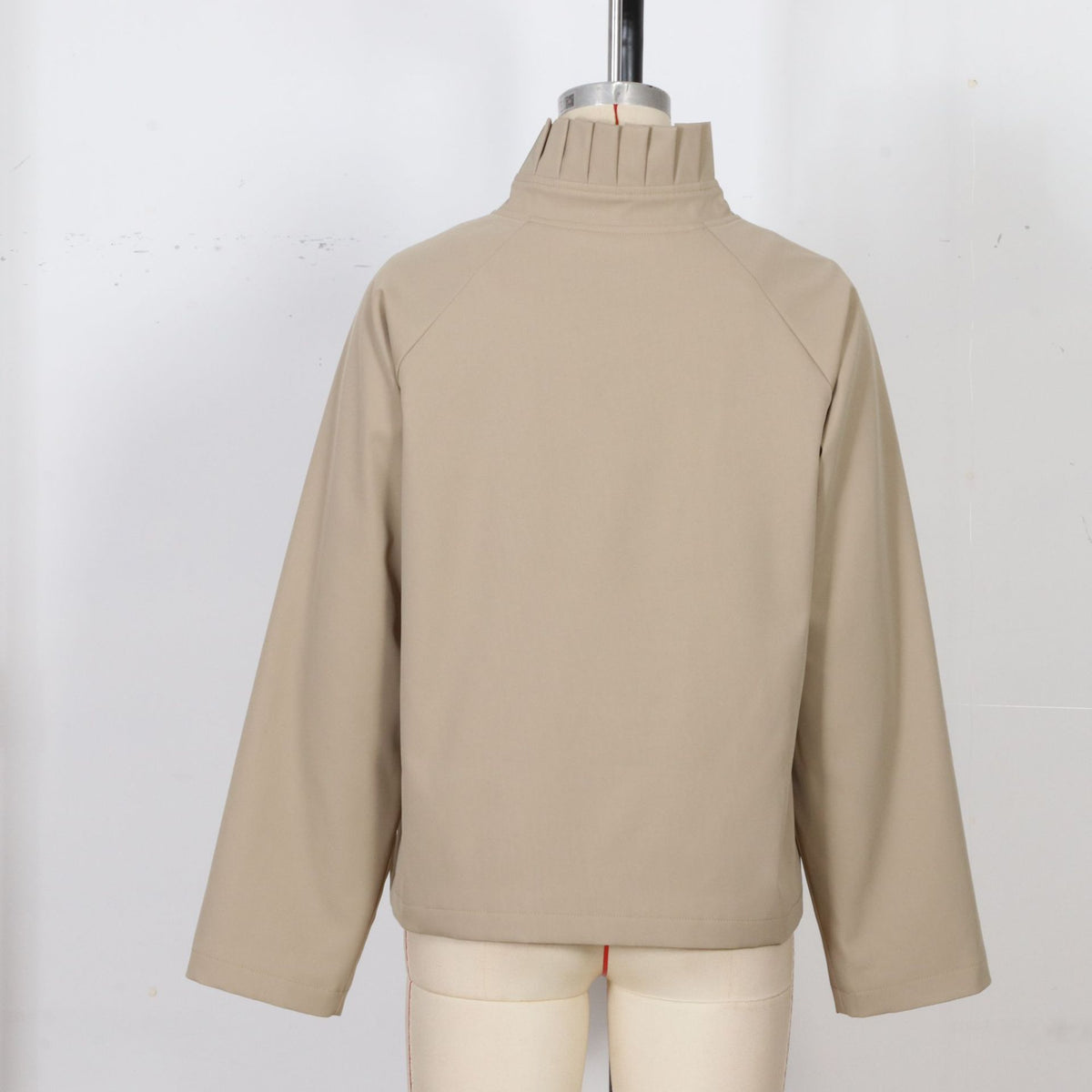 Ruffle Collar Button Front Jacket With Gingham Cuffs - Khaki - 3