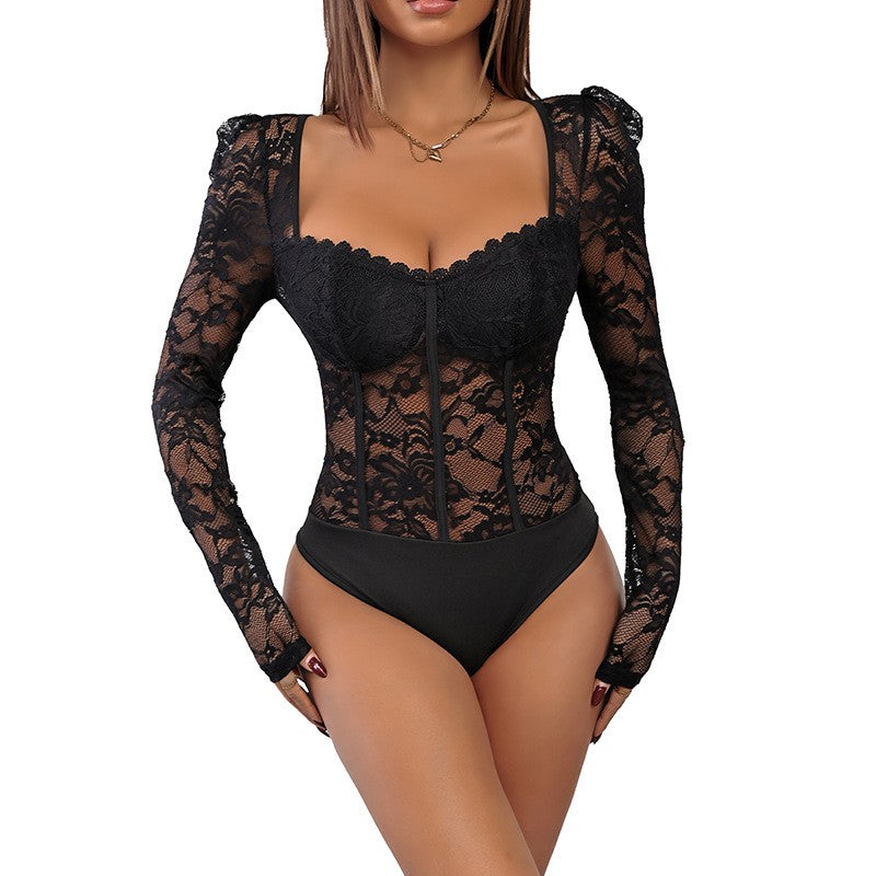 Floral Lace Puff Sleeve Sweetheart Corset Bodysuit