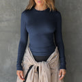 Fitted Rib Knit Long Sleeve Tee - Navy
