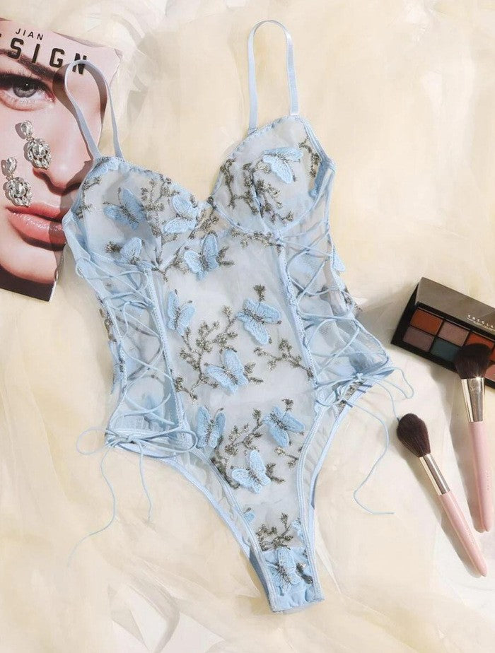 Butterfly Embroidered Sheer Mesh Lace Up Bodysuit - Light Blue