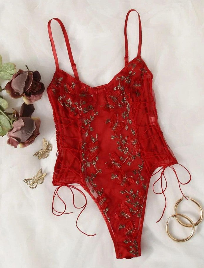 Butterfly Embroidered Sheer Mesh Lace Up Bodysuit - Red