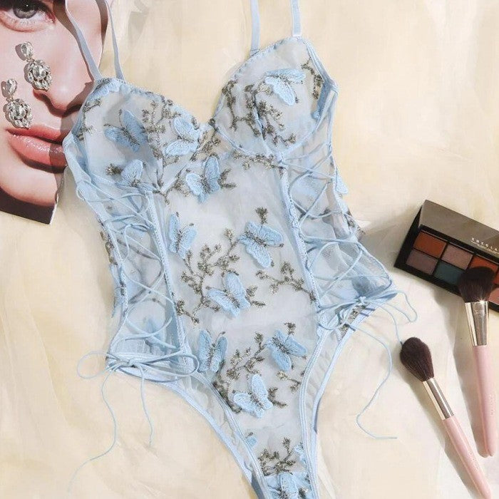 Butterfly Embroidered Sheer Mesh Lace Up Bodysuit