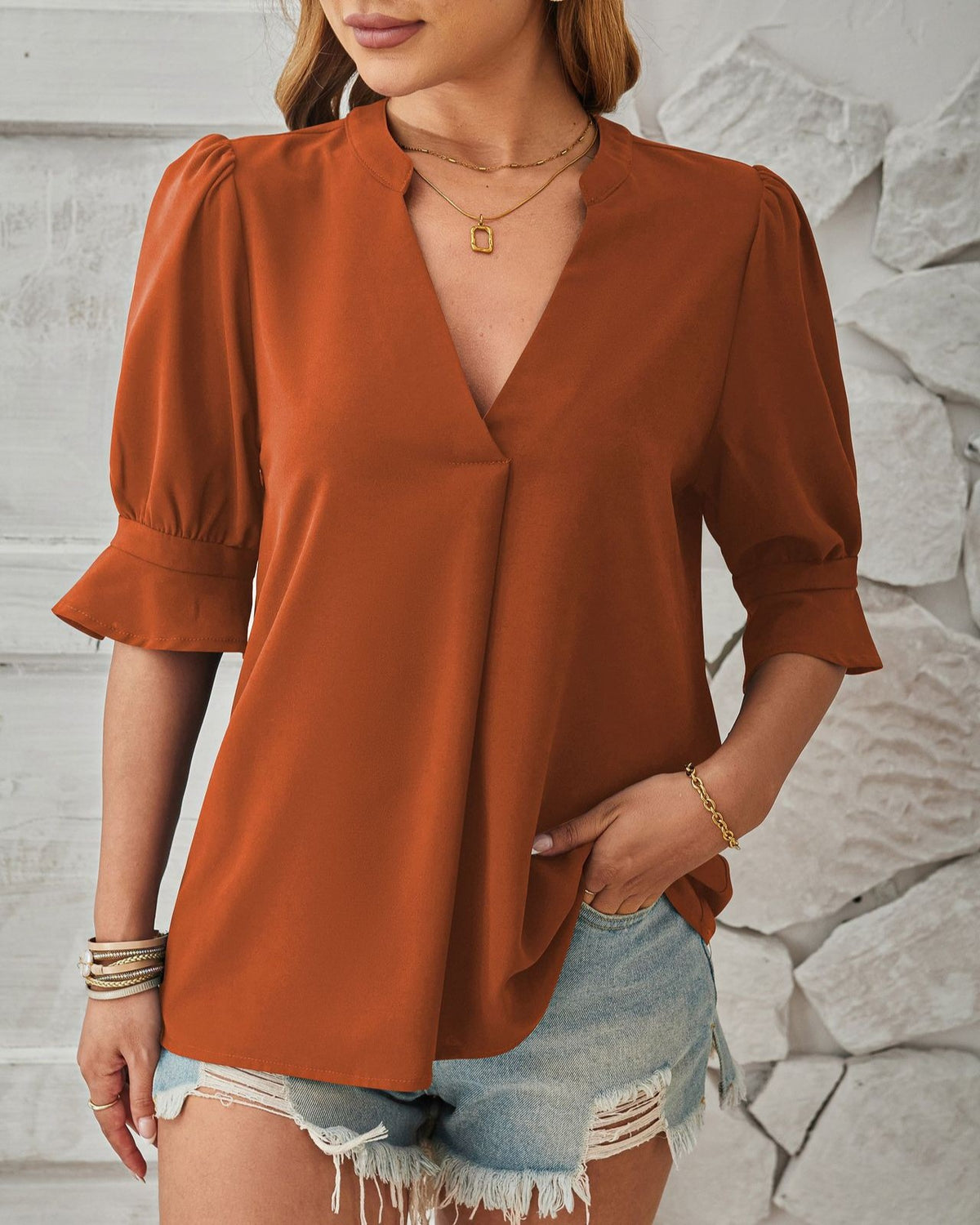 V Neck Ruffle Cuff Half Sleeve Blouse - Brown - 2