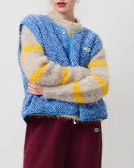Cropped Teddy Fleece Button Up Vest - Blue