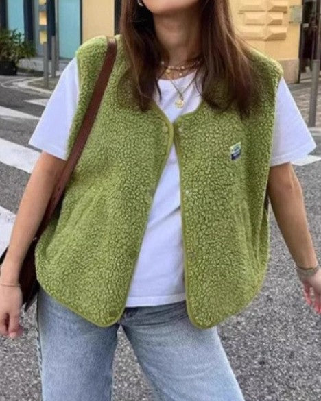 Cropped Teddy Fleece Button Up Vest - Green
