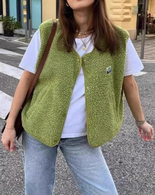 Cropped Teddy Fleece Button Up Vest - Green - 1