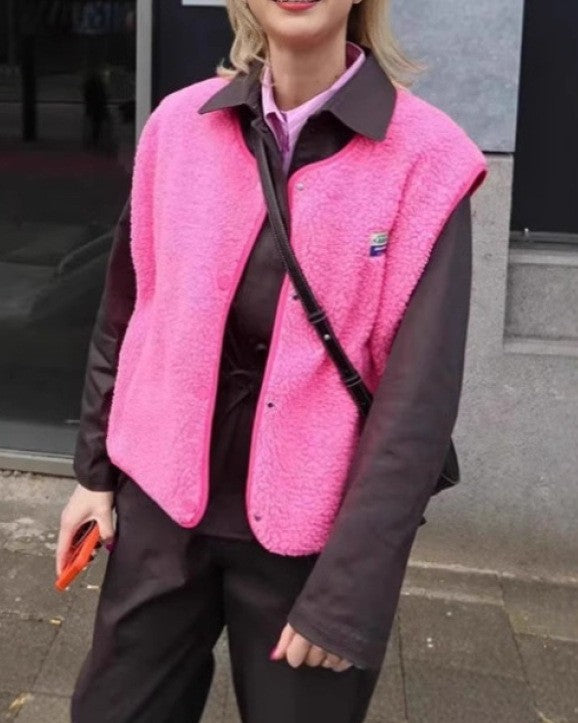 Cropped Teddy Fleece Button Up Vest - Rose-Red