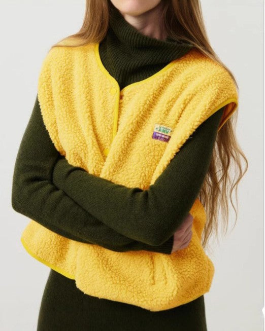 Cropped Teddy Fleece Button Up Vest - Yellow