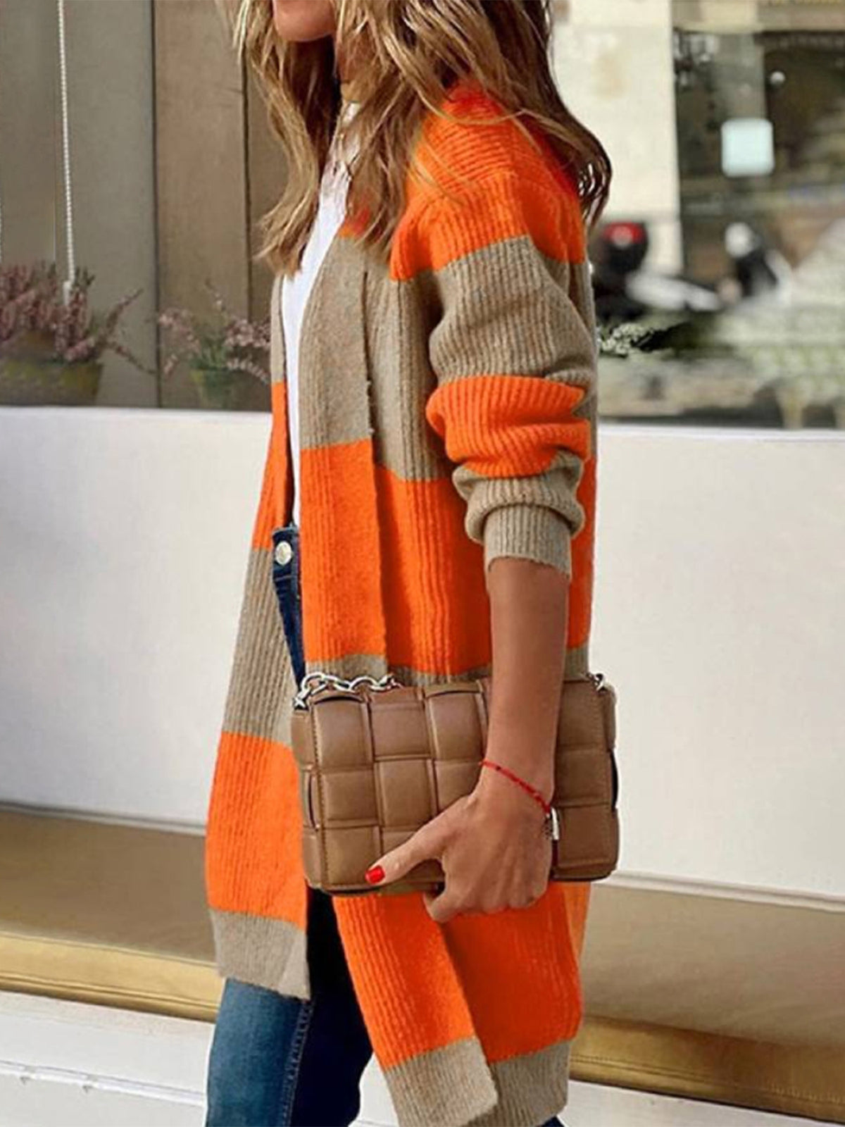 Wide Stripe Longline Open Front Cardigan