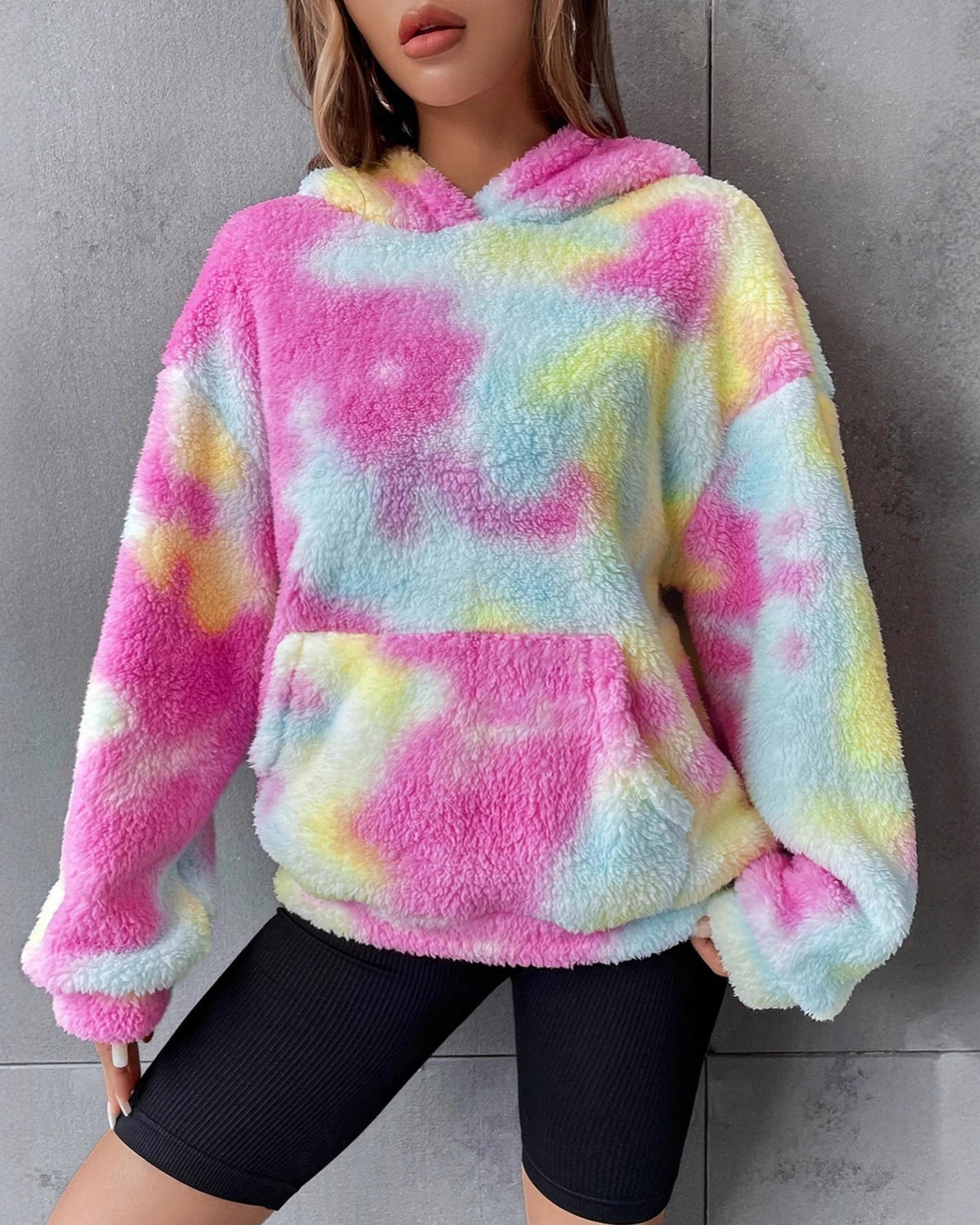 Tie Dye Plush Fleece Hoodie Sweatshirt - Pink - 2