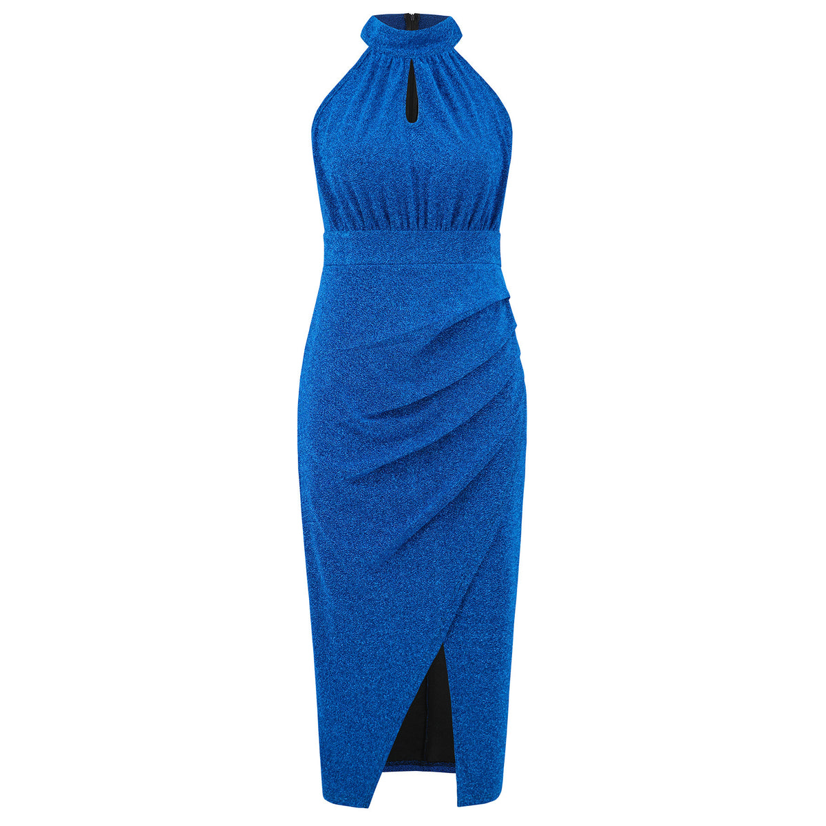 Shimmer Halter Neck Ruched Slit Midi Dress - Blue