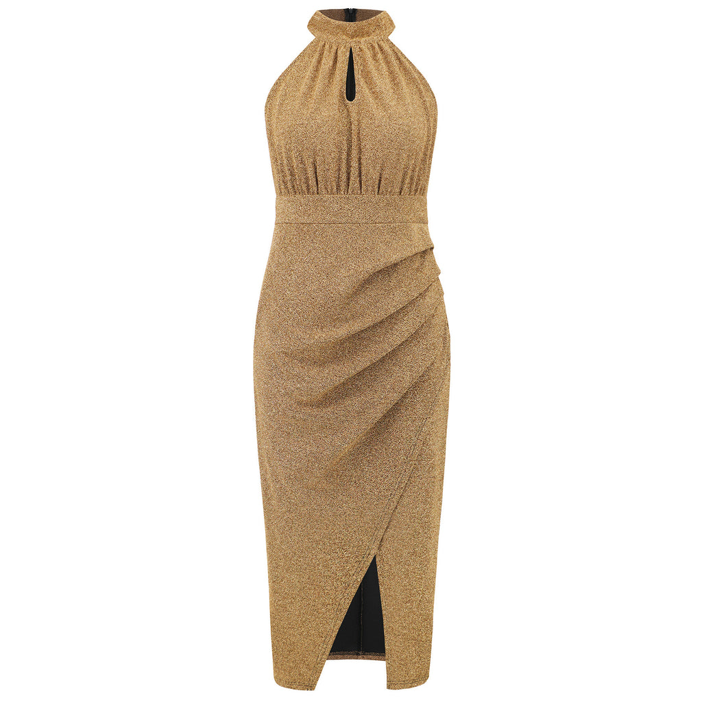 Shimmer Halter Neck Ruched Slit Midi Dress - Gold - 1