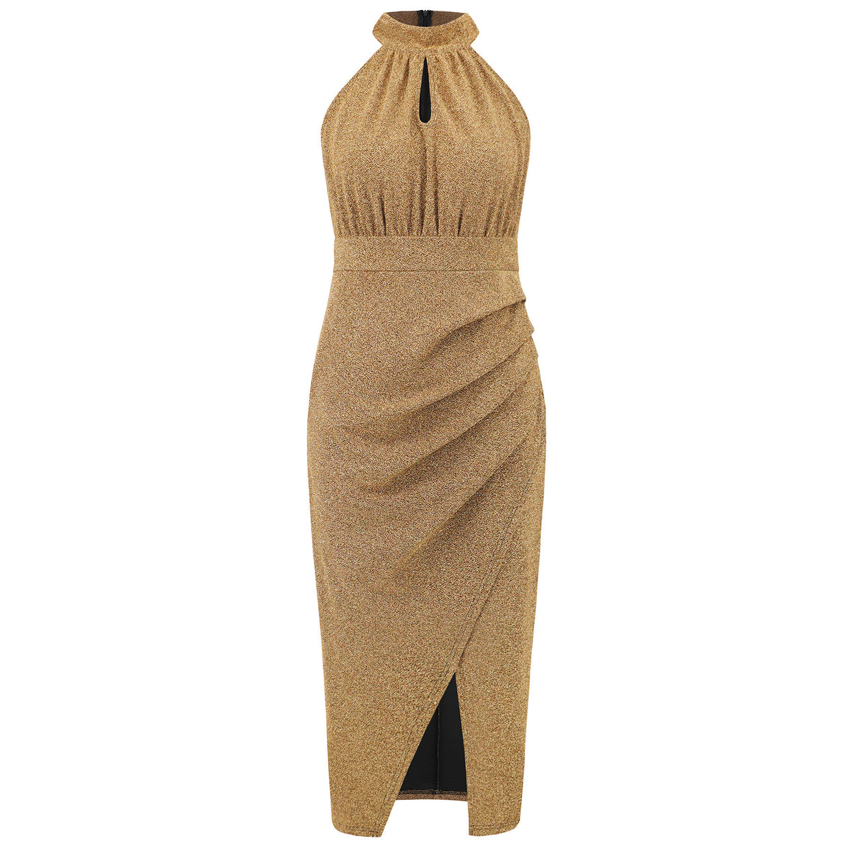 Shimmer Halter Neck Ruched Slit Midi Dress - Gold - 1