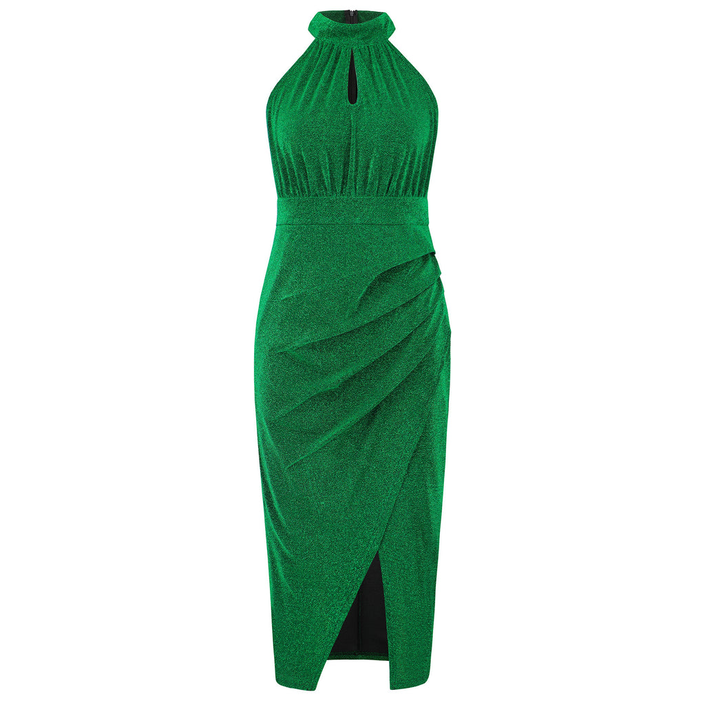 Shimmer Halter Neck Ruched Slit Midi Dress - Green - 1