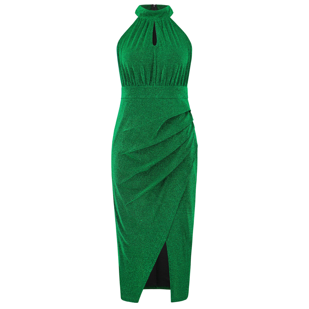 Shimmer Halter Neck Ruched Slit Midi Dress - Green - 1