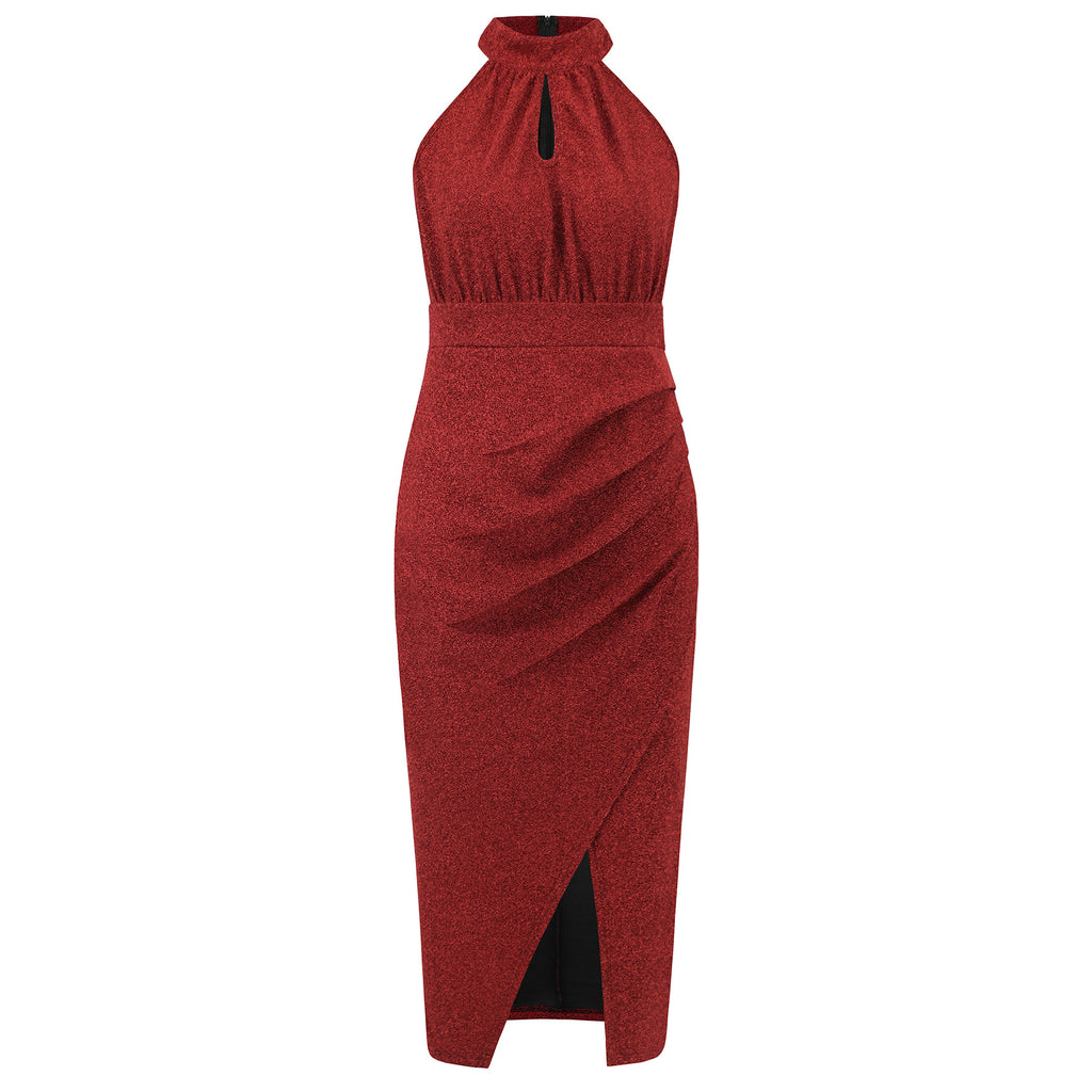 Shimmer Halter Neck Ruched Slit Midi Dress - Red - 1