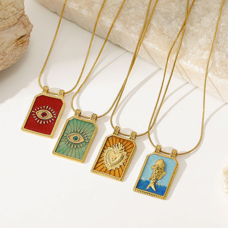 Evil Eye & Sacred Heart Enamel Charm Necklace