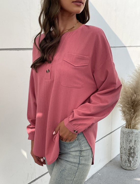 Split Neck Button Placket Long Sleeve Tee - Pink