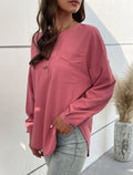 Split Neck Button Placket Long Sleeve Tee - Pink