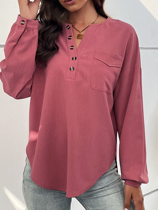 Split Neck Button Placket Long Sleeve Tee - Pink - 1