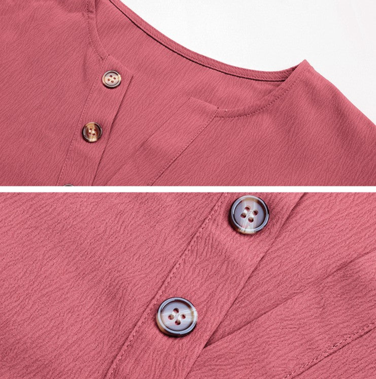 Split Neck Button Placket Long Sleeve Tee - Pink - 2