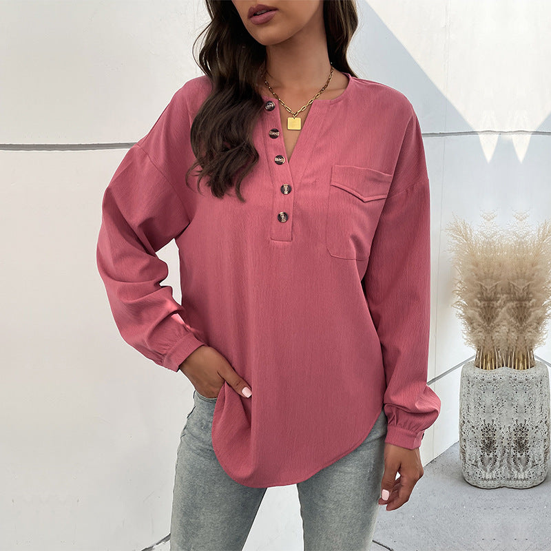 Split Neck Button Placket Long Sleeve Tee - Pink - 3
