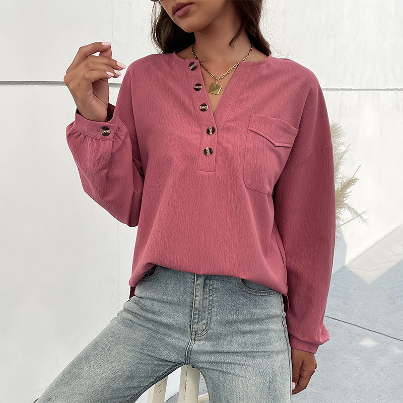 Split Neck Button Placket Long Sleeve Tee - Pink - 4