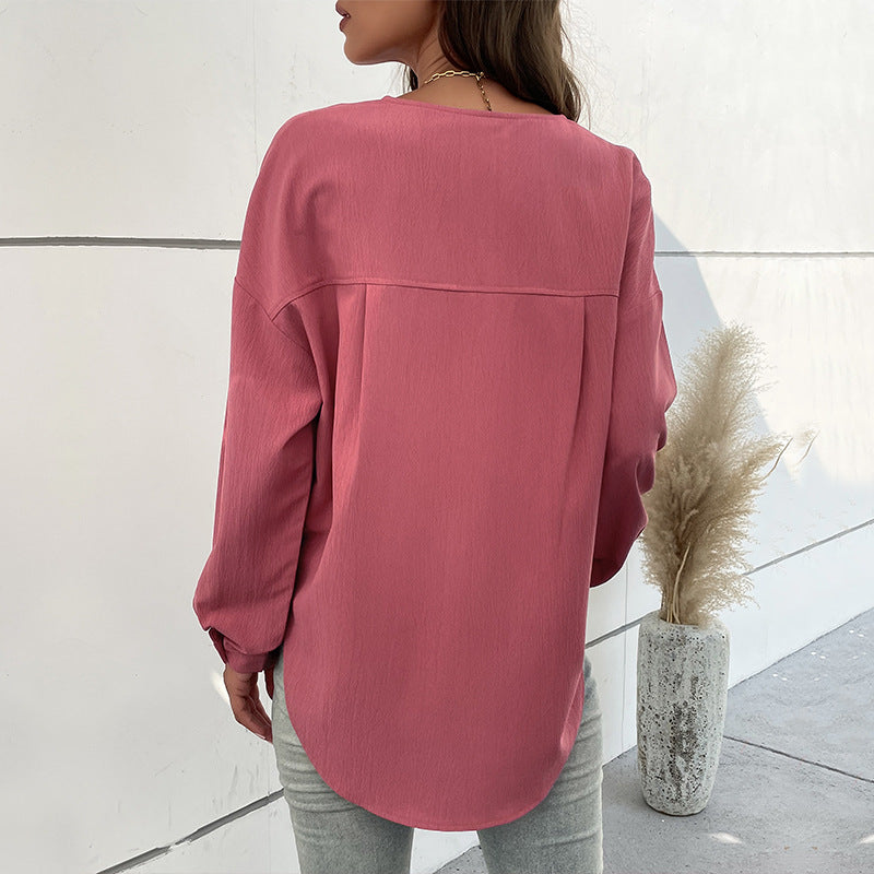 Split Neck Button Placket Long Sleeve Tee - Pink - 5