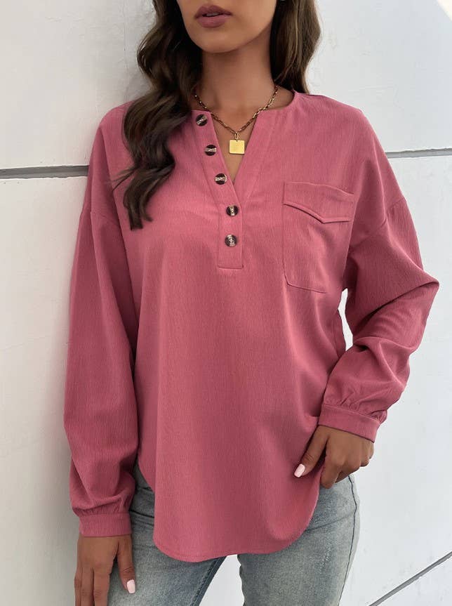 Split Neck Button Placket Long Sleeve Tee