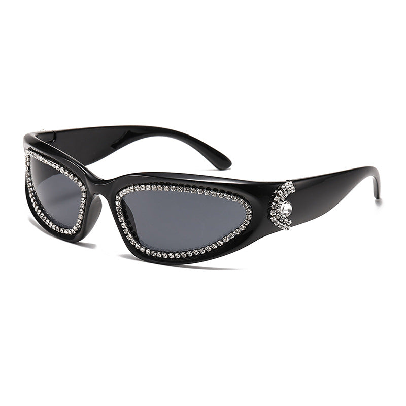 Rhinestone Wrap Around Sport Sunglasses - Black
