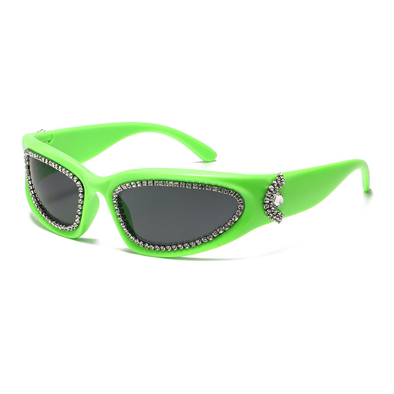 Rhinestone Wrap Around Sport Sunglasses - Green