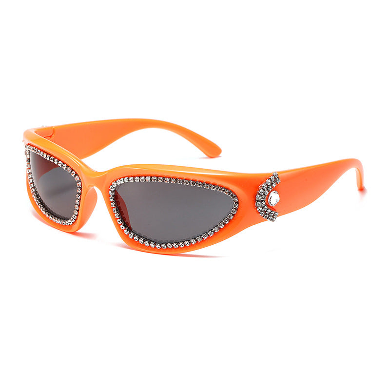 Rhinestone Wrap Around Sport Sunglasses - Orange
