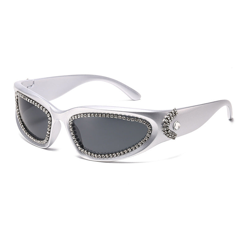 Rhinestone Wrap Around Sport Sunglasses - Silvery