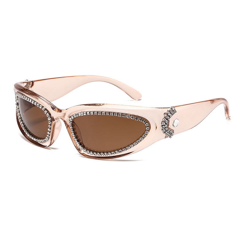 Rhinestone Wrap Around Sport Sunglasses - Tea